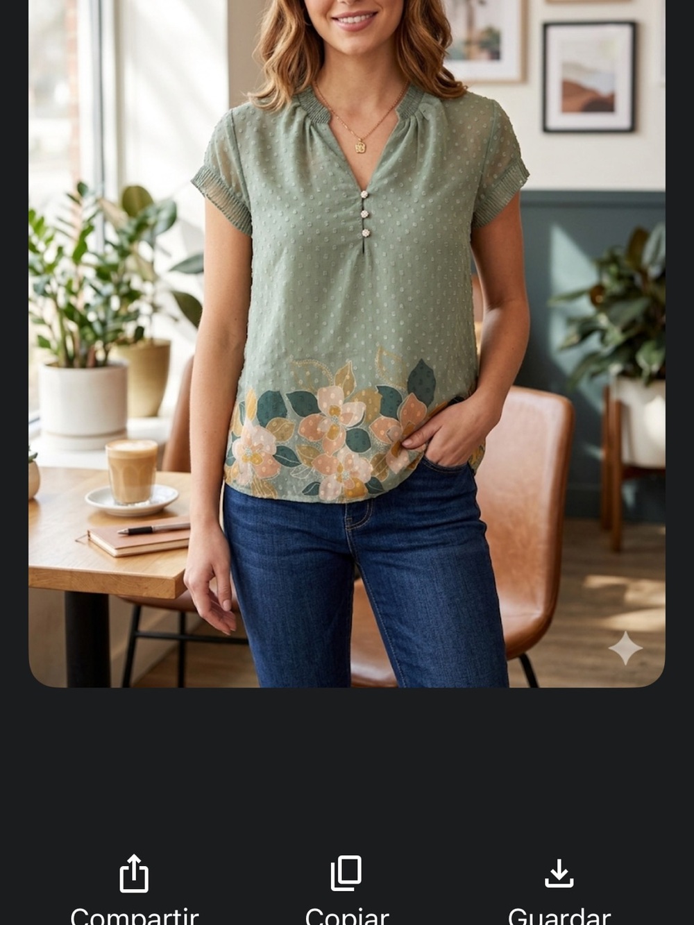 DR2 Sage Short-Sleeve Swiss Dot Blouse with Floral Hem